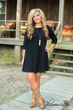 Dresses For Cowgirl Boots, Plus Size Dress With Cowboy Boots, Dress With Boots Outfit Country, Country Western Dresses With Boots, Western Casual Dresses, Cowgirl Style Outfits Dresses, Country Dress With Boots, Dress To Wear With Cowboy Boots, Dress Tall Black Cowgirl Boots