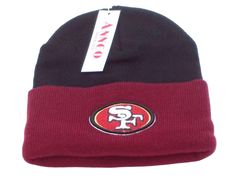 a san francisco giants beanie hat is shown in red and black with a white logo on the front