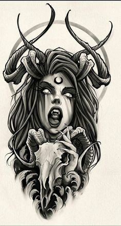 a drawing of a woman with horns on her head and an animal's skull