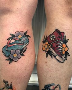 two tattoos on both legs with shoes and flowers