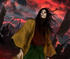 a painting of a woman with long hair holding a knife in front of a red sky