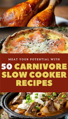 the cover of 50 carnivor slow cooker recipes, including meats and vegetables