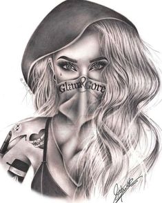 a pencil drawing of a girl with tattoos on her face and chest, wearing a hat