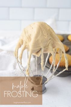 a whisk is being used to make maple frosting for cookies and muffins