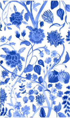 a blue and white wallpaper with flowers, leaves and vines on it's side