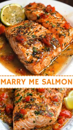 two pictures of salmon with tomato sauce and lemon wedges on the side, along with text that reads marry me salmon