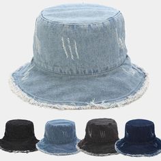 Distressed denim bucket hat, the perfect accessory for any casual and trendy outfit. Made from high-quality denim material, this bucket hat has a unique distressed finish that gives it a vintage and edgy look. The hat features a wide brim that provides excellent sun protection for your face and neck, making it perfect for outdoor activities such as hiking, fishing, or simply enjoying a day at the beach. The denim material is also durable and easy to clean, making it a practical choice for everyd Trendy Medium Wash Bucket Hat For Summer, Medium Wash Denim Bucket Hat With Wide Brim, Trendy Denim Bucket Hat With Wide Brim, Denim Blue Bucket Hat For Spring, Summer Washed Bucket Hat, Distressed Denim Hat For Streetwear, Trendy Denim Bucket Hat With Curved Brim, Trendy Denim Bucket Hat With Short Brim, Trendy Medium Wash Bucket Hat With Curved Brim