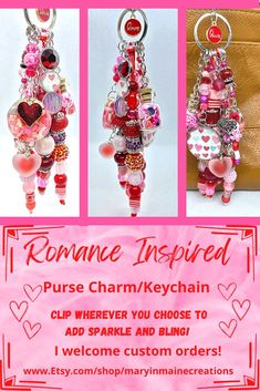 an advertisement for a jewelry store with pictures of charms and hearts hanging from the front