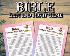 the bible left and right game is shown with two pink cards on top of it