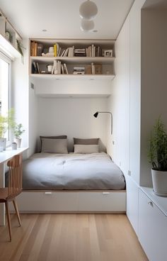 a small bedroom with a bed, desk and bookshelf in the wall above it