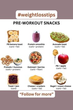 a poster with the words pre - workout snacks and pictures of different foods on it