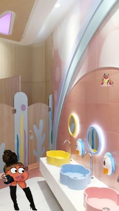 a cartoon character is standing in front of a bathroom with pink walls and white flooring