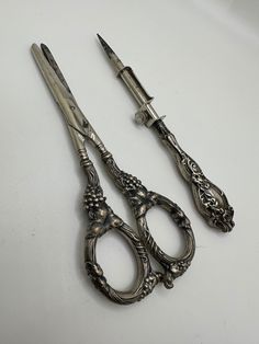 Antique Fancy Sterling Silver Scissors and Unknown Tool Fantasy Trinkets, Fancy Scissors, Antique Scissors, Eyeliner Makeup, Sketches Simple, Organic Chemistry, Bad Wolf, No Eyeliner Makeup, Art Drawings Sketches Simple