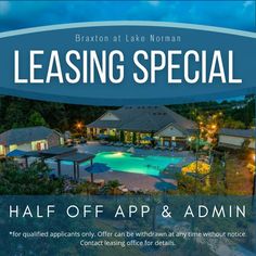 an advertisement for a real estate with a swimming pool in the foreground and text leading special half of app & admin