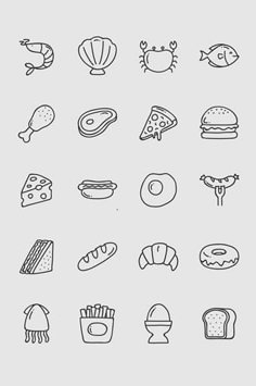 some food and drink icons are shown in this drawing style, including hamburgers, hot dogs