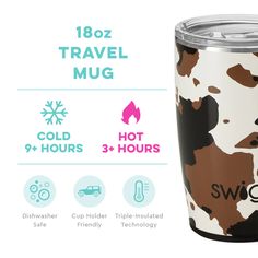 the travel mug is printed with brown and white camo print, which includes hot hours