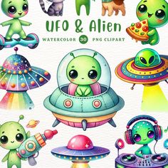 an image of alien and aliens in cartoon style with text that says ufo & alien watercolor png clipart