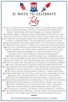 the 31 ways to celebrate july in red, white and blue with text overlay