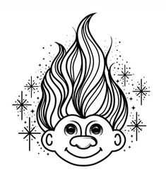 a black and white drawing of a smiling face with stars in the sky behind it