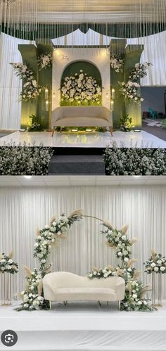 the wedding stage is decorated with white flowers and greenery