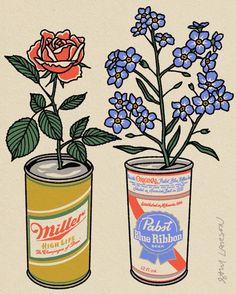 two tin cans with flowers in them and one has a budding rose on it