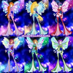 the four fairy princesses are all dressed up in different styles and colors, with their wings