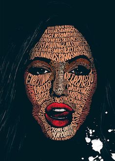 a woman's face with words all over it