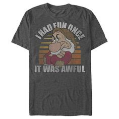 He's got "resting grouch face" but he sure looks good in the Disney Snow White and the Seven Dwarves Grumpy Fun Once Men's Tee. The crankiest dwarf, Grumpy, is portrayed across this funny Snow White tee. Size: 3XL.  Color: Gray.  Gender: male.  Age Group: adult.  Pattern: graphic. Disney Snow White, Snow White And The Seven Dwarfs, The Seven Dwarfs, Disney Men, Seven Dwarfs, Big Clothes, Disney Shirt, Men's Graphic T Shirt, Mens Tee Shirts