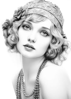 a black and white drawing of a woman with pearls on her head, wearing a tiara