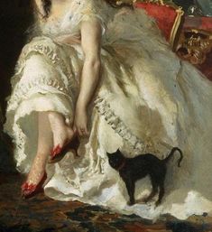 a painting of a woman in a white dress with a black cat on the floor