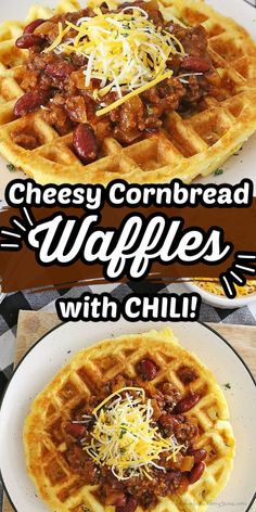 two waffles topped with cheese and chili on top of a white plate next to a black and white checkered table cloth