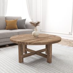 a living room with a couch, coffee table and window in the backround