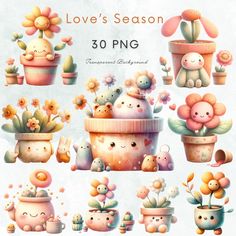 a bunch of small pots with flowers and plants in them on a blue background that says love's season 30 png