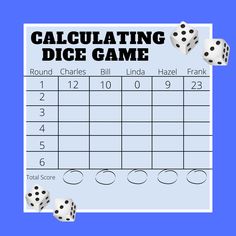 a game with dices on it and the words, calculating dice game