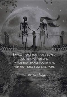 two skeletons holding hands with the words, i knew that i must have loved you in another life when your hands found mine and your eyes felt like home