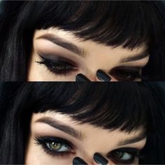 two pictures of a woman with black makeup and eyeliners