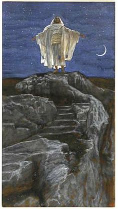 a painting of a man standing on top of a mountain at night with the moon in the sky