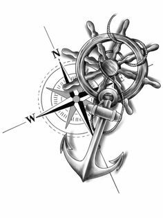 an anchor, steering wheel and compass tattoo design