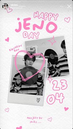 a poster with two photos and the words happy jeno day written on it in pink