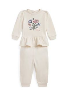 This cotton-blend set is made with Ralph Lauren Childrenswear's ultrasoft and lightweight peached fleece. A pretty floral graphic is printed at the sweatshirt, while Ralph Lauren Childrenswear's signature embroidered Pony accents the jogger pants. By choosing Ralph Lauren Childrenswear's cotton products, you're supporting Ralph Lauren Childrenswear's investment in the Better Cotton mission to help cotton communities survive and thrive while protecting and restoring the environment. This product is sourced via a system of mass balance and therefore may not contain Better Cotton. Visit bettercotton.org/learnmore for more information about mass balance. Size 9 months sweatshirt has a 13" body length (front and back) and a 14.5" sleeve length Sleeve length is taken from the center back of the Ralph Lauren Baby Girl, Puffed Long Sleeves, Swimsuit Cover Up Dress, Red Summer Dresses, Joggers Set, Americana Fashion, Floral Graphic, Girls Fleece