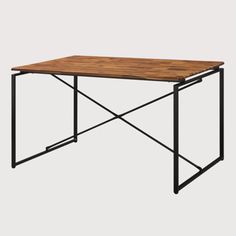 a wooden table with black metal legs and a wood top on an isolated gray background