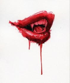 a watercolor painting of a red lips with dripping blood