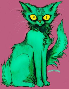 a drawing of a green cat with yellow eyes on a pink background, sitting down