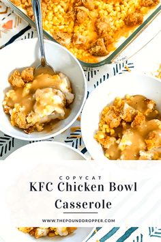 chicken bowl casserole with gravy in two bowls on a patterned tablecloth