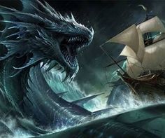 a dragon attacking a ship in the ocean