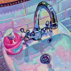 a painting of a sink and faucet with soap on the top, in pastel colors