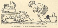 an old book with a drawing of a boy looking at a bowl on the floor