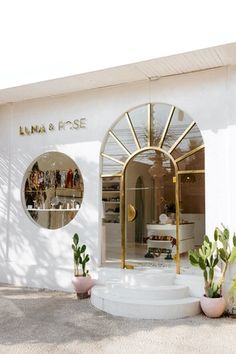 the front entrance to luna and rose boutique with potted cacti on display