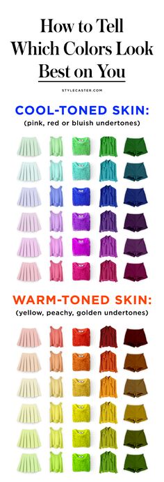 Skin Undertones Chart—How to tell which colors look best on your skin tone. Not sure if you have cool or warm undertones? Click through and we'll tell you how! Colors For Cool Undertones, Warm Skin Tone Colors, Warm Hair Color, Skin Undertones, Mode Tips, Warm Skin Tone