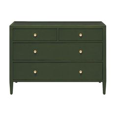 a green dresser with gold knobs on the top and bottom drawers, against a white background